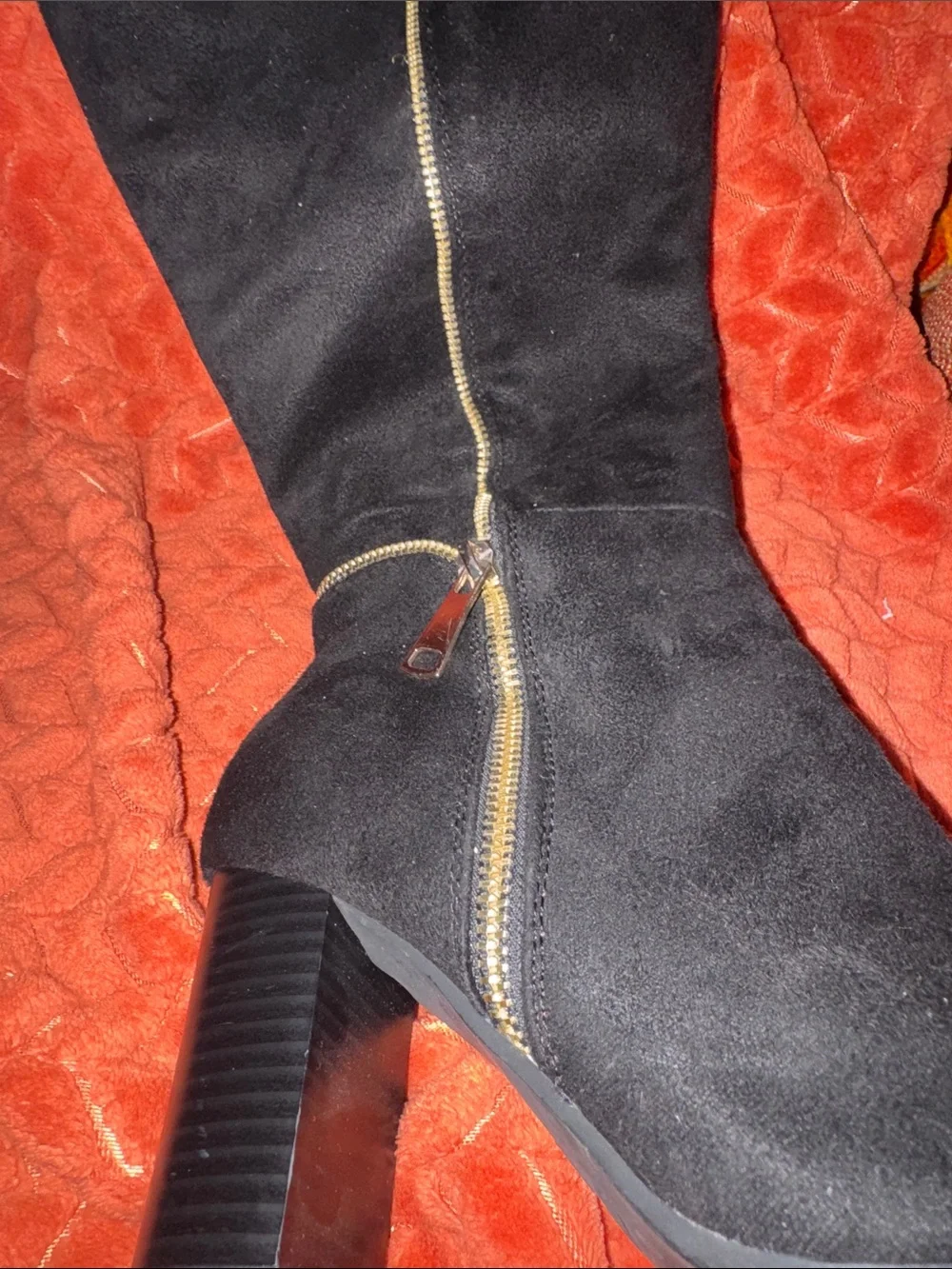 Forever Black Suede Over-The-Knee Boots | Gold Zipper Accent & Block Heel (Size